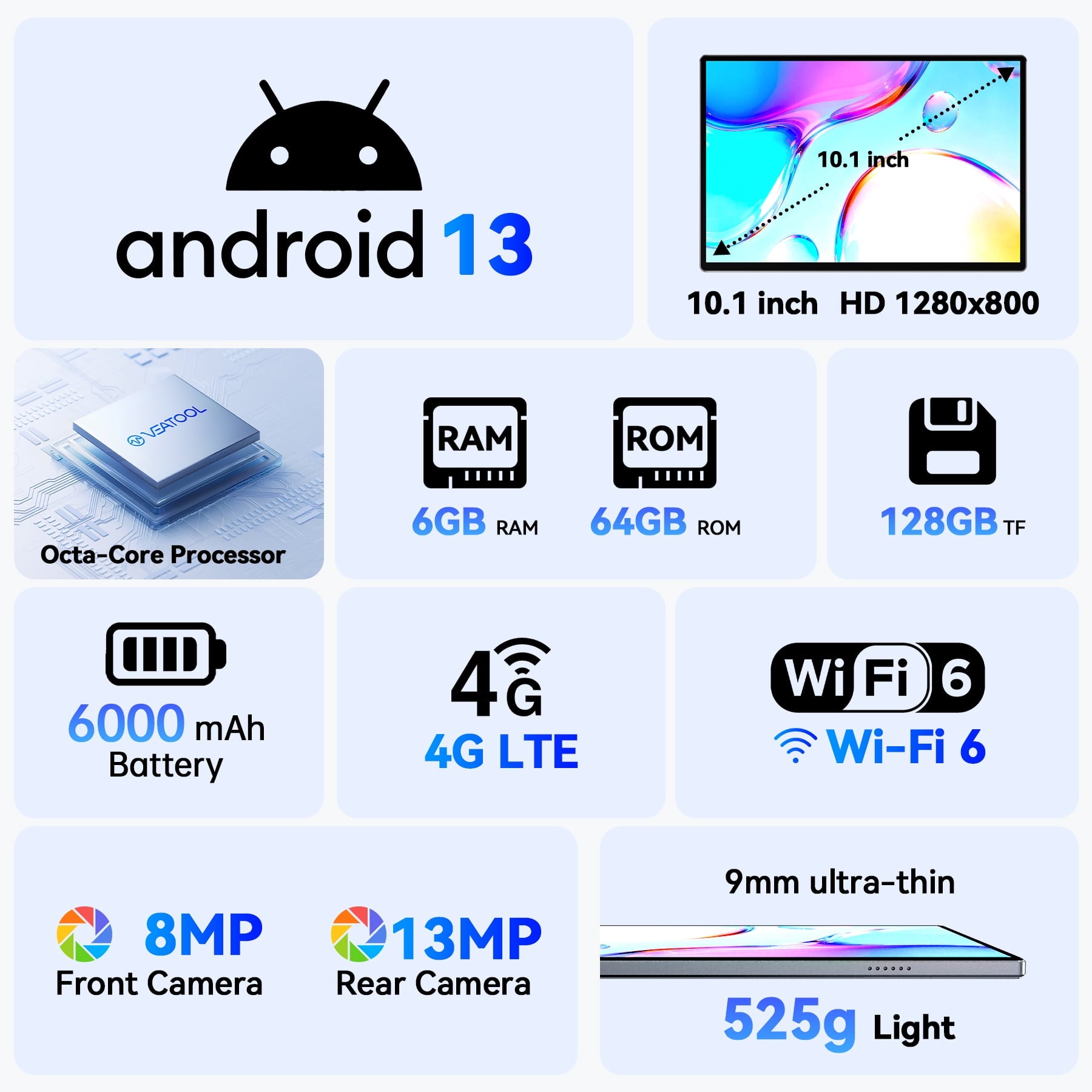 VEAT00L Tablet,10.1" Android Tablet with Octa-core Processor 6GB RAM 64GB ROM HD IPS Touchscreen 8H Battery, Wi-Fi 6, BT 5.0, Dual Camera.